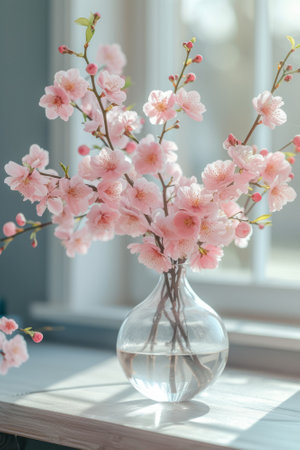 Pink flowers in beautiful vase placed on the desk in front of window background.の写真素材