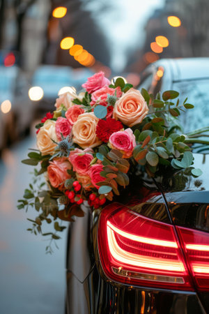 Beautiful flowers in the trunk of the black car.の写真素材