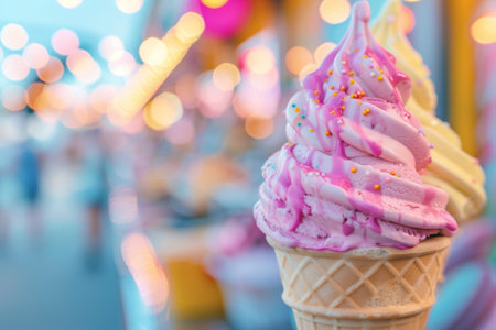 Luxurious color soft serve ice cream cones with edible glitter. Sparkling color Soft Serve Delightの写真素材