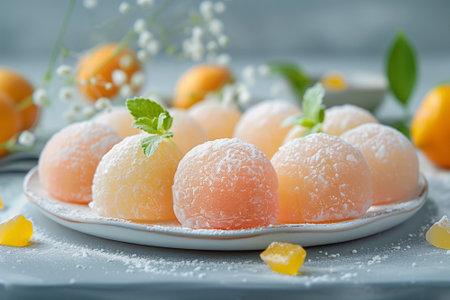 Fresh Mochi Collection on Bamboo Tray. A selection of white mochi dusted with fine sugar, arranged on a bamboo serving tray.の写真素材