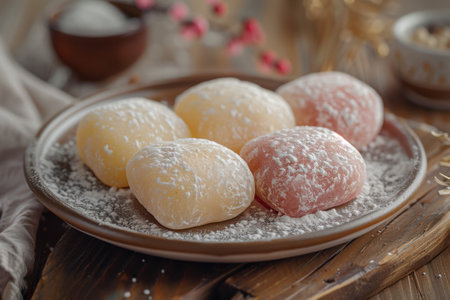 Artful Mochi Stack with Floral Ambiance. Snowy mochi desert delicately balanced, with vibrant floral backdropの写真素材
