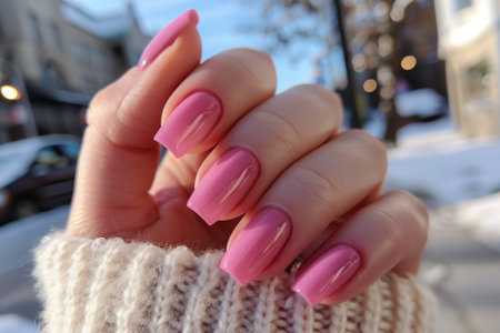 Female hand with pink nail design, Nail Polish. Art Manicure. Modern style pink Nail Designの写真素材