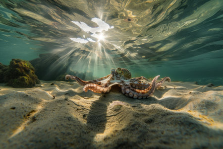 Majestic Octopus in Sunlit Waters. Big octopus with sunbeams filtering through water.の写真素材