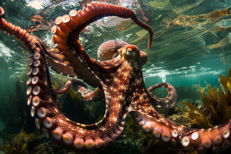 Majestic Octopus in Sunlit Waters. Big octopus with sunbeams filtering through water.の写真素材