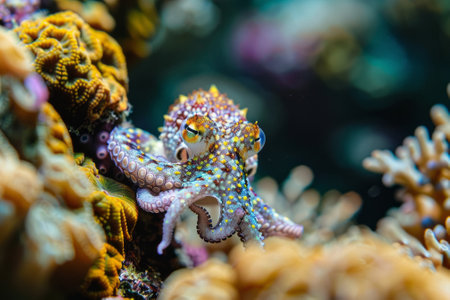 Octopus Camouflage Amongst Coral Reefs. An octopus with intricate patterns, blending with vibrant corals.の写真素材