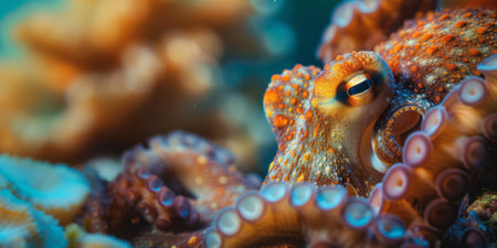 Octopus Camouflage Amongst Coral Reefs. An octopus with intricate patterns, blending with vibrant corals.の写真素材