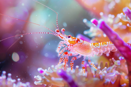 Spotted Shrimp in Anemone. Pink shrimp nestled in ocean anemone tendrils.