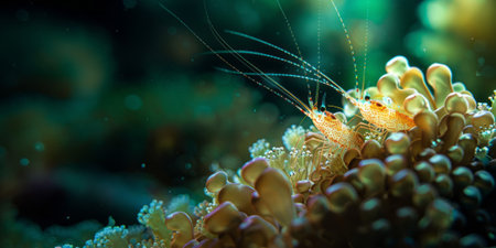 Spotted Shrimp in Anemone. A polka-dotted shrimp nestled in ocean anemone tendrils.の写真素材