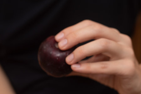 Female Hand Holding Fresh Plum. Hand gently cradling ripe purple plumの写真素材