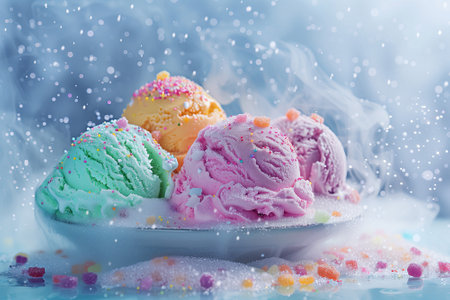 Vibrant scoops of ice cream amidst a dreamy, misty backdrop. Frosty scene of an ice cream sundae,...