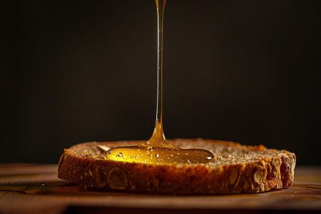 Golden Honey Pouring on Bread. Drizzle of honey on toasted bread, warm tones
