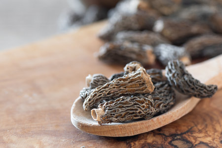 Dry Morel Mushrooms on Wooden Platter. Close-up of textured morel mushrooms, artfully arranged on a rustic wooden platter, emphasizing their unique structure.の写真素材