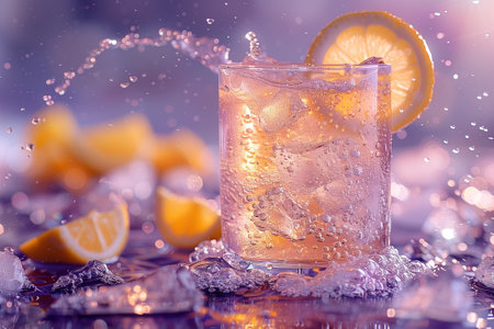 Sparkling Lemonade Twilight. Water pouring into glass with lemon, vibrant bokeh backdropの写真素材