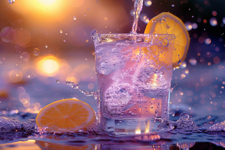 Sparkling Lemonade Twilight. Water pouring into glass with lemon, vibrant bokeh backdropの写真素材