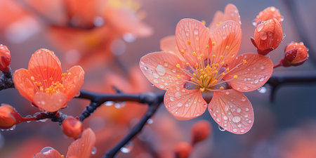 Dew-Kissed Orange Blossom. Vibrant orange flower with delicate dew drops against a soft backdropの写真素材