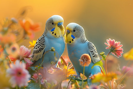 Buddies in Bloom: Parakeets Amidst Flowers. Two budgerigars perched together surrounded by vibrant flowersの写真素材