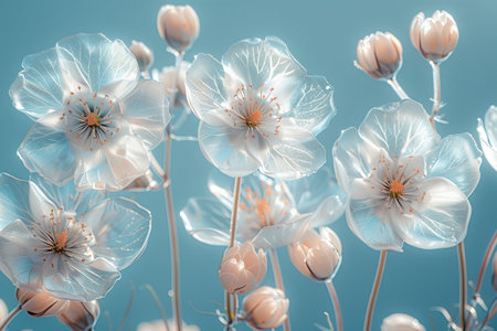 Crystal Blossoms: Dewy Floral Delicacy. Transparent flowers with dewdrops, close-up with a soft blue backgroundの写真素材