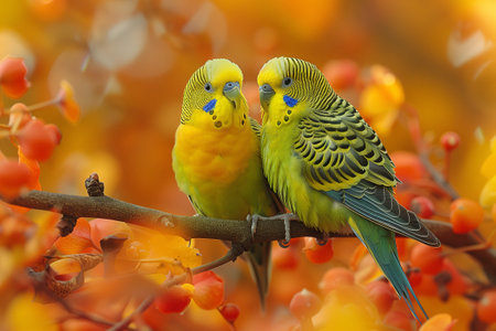 Budding Romance: Parakeets in Bloom. Two parakeets perched on a branch amid vibrant bloomsの写真素材