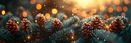 Sparkling Christmas ornament nestled in a pine tree. Christmas garland on a fir branch, bokeh, banner ad.の写真素材