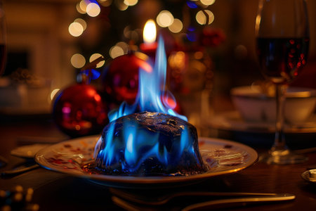 Flaming Pudding: A Festive Delight. A traditional flaming Christmas pudding served on a festive...