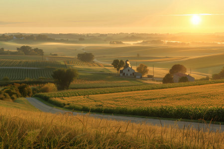 Dawn Over the Farmland: A Serene Sunrise. The sun rises over a tranquil farm landscape, bathing the fields in a soft, golden lightの写真素材