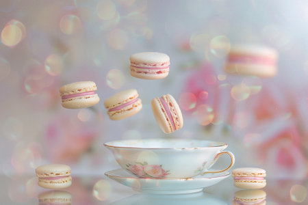 Macarons in Mid-Air: Whimsical Teatime Treats. Pastel macarons float whimsically around a vintage teacup, creating a playful and sweet culinary sceneの写真素材