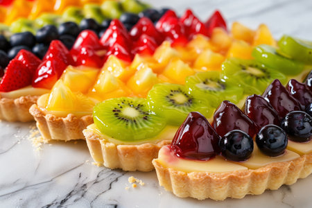 Array of Fresh Fruit Tarts: Colorful Patisserie Selection. A delectable display of fruit tarts topped with fresh strawberries, kiwi, blueberries, and citrus on a marble countertopの写真素材