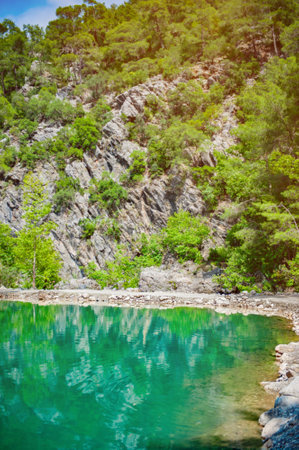 Turquoise River in Forested Canyon. A tranquil turquoise river flowing through a forested canyonの写真素材