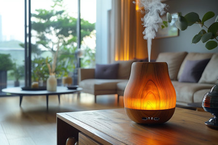 Aromatherapy Diffuser in Cozy Living Room. A lit aromatherapy diffuser emitting steam, placed on a wooden table in a cozy, modern living room with natural light and greeneryの写真素材