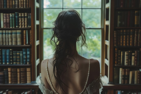 Woman Gazing Out of a Library Window. A woman with messy hair and a pearl-strapped dress gazes out of a window in a cozy library filled with booksの写真素材