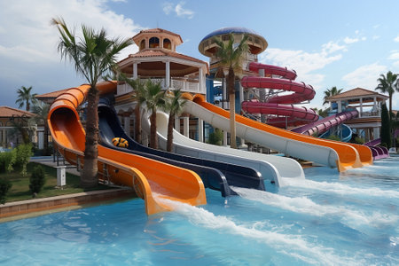 Colorful Water Slides at a Tropical Water Park. A vibrant scene of multiple colorful waterslides at...