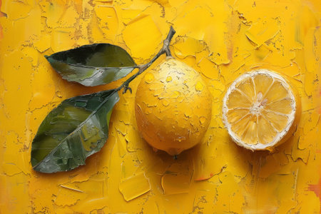 Lemons on Branch with Leaves on Yellow Textured Background - Oil Painting. Oil painting of lemons on a branch with green leaves against a yellow textured background.の写真素材