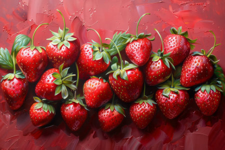 Oil painting Fresh Juicy Strawberries on Artistic Red Background. Close-up of fresh strawberries on a textured red backgroundの写真素材