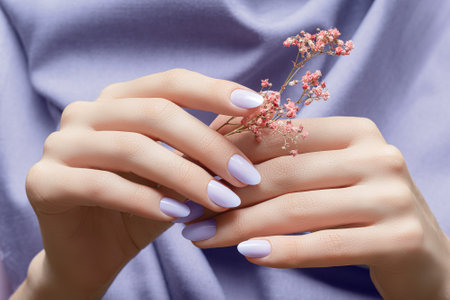 Female hands with white nail design. Female hands holding pink autumn flower. Woman hands on grey fabric background.の写真素材