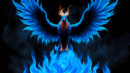 A stunning phoenix with vibrant blue flames and fiery wings, soaring majestically against a dark background, embodying the essence of power and rebirthの写真素材
