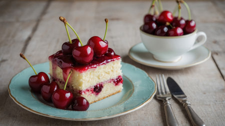 A delicious cherry cake topped with fresh cherries and whipped cream, elegantly presented on plate...