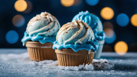 Delicious blue ice cream scoops served in a waffle cup, topped with sprinkles, surrounded by ice...