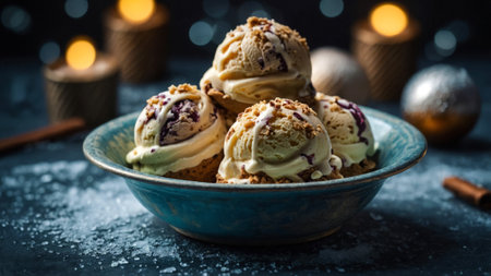A festive winter dessert featuring scoops of vanilla and berry ice cream with crumble topping,...
