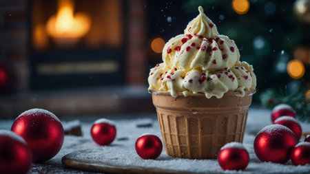 A festive holiday dessert featuring scoops of vanilla ice cream topped with red sprinkles, served in a waffle cup, surrounded by snow-dusted red ornaments and a cozy fireplace settingの写真素材