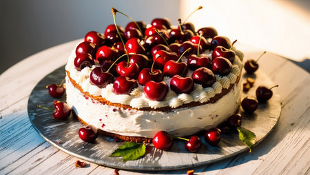 A delicious cherry cake topped with fresh cherries and whipped cream, elegantly presented on plate...