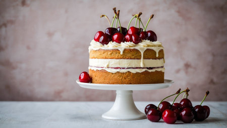 A delicious cherry cake topped with fresh cherries and whipped cream, elegantly presented on plate...