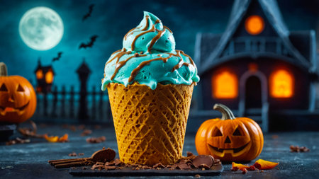 Mint Chocolate Chip Ice Cream with Halloween Decorations. Mint ice cream topped with chocolate syrup, surrounded by Halloween pumpkins and orange slicesの写真素材
