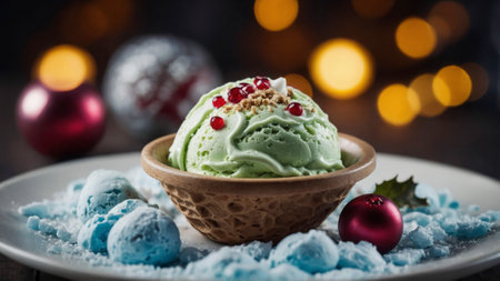 A festive dessert featuring a scoop of mint ice cream topped with red berries, served in a waffle bowl and surrounded by holiday decorations, perfect for Christmas celebrationsの写真素材