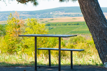 A simple outdoor picnic table under the shade of a tree, overlooking a scenic countryside landscape with distant hills.の写真素材