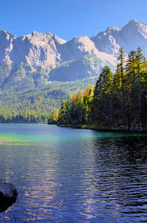 Beautiful mountain lake Eibsee in german Alpsの写真素材