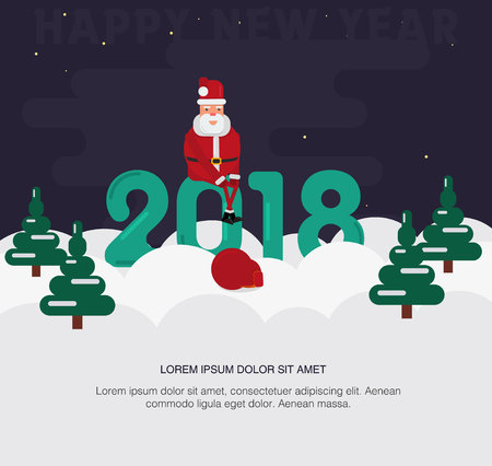 Santa Claus sits on the inscription 2018. At night he rests in the forest. The stars are shining, it's snowing. There are Christmas trees in snow drifts.のイラスト素材
