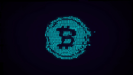 Luminous bitcoin icon with glitch effect. e-currency symbol, crypto currency