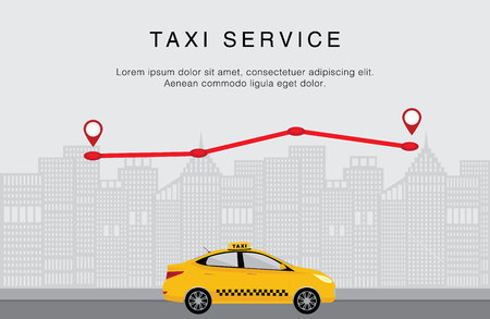 Yellow taxi on city background.の写真素材