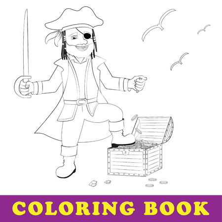 Children coloring book. Pirate stands with treasure chest. Isolated outline vector illustrationのイラスト素材