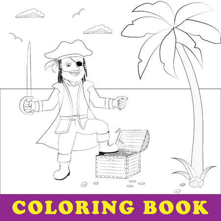 Children coloring book. Pirate stands with treasure chest by the seのイラスト素材